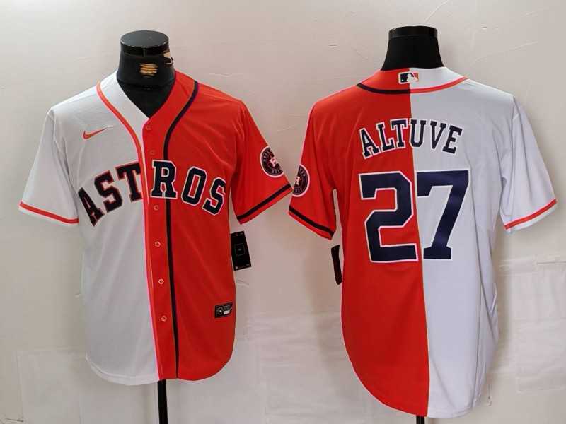 Men%27s Houston Astros #27 Jose Altuve White Orange Blue Number Split Stitched Baseball Jersey Dzhi->houston astros->MLB Jersey